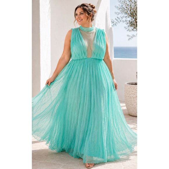 Free People Dresses & Skirts - NWT Free People Women's Aqua Chiffon Sleeveless Long Deep V-Neck Maxi Dress 2X